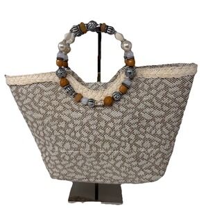 Cappelli Straworld Woven Paper‎ Polyester Woven Handbag Beaded Handle Beige